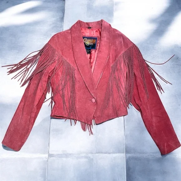 Vintage Cripple Creek Salmon Pink Suede Fringe Western Cowgirl Leather Jacket - Picture 1 of 8